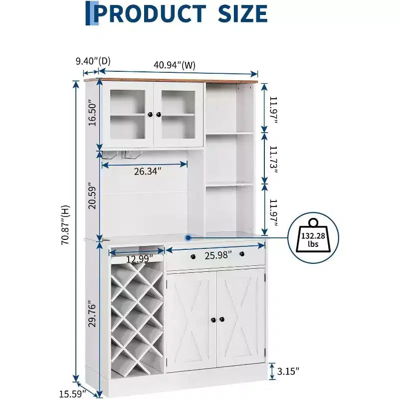Kitchen Hutch Cabinet with Storage, White & Light Walnut Top, Acrylic Double Doors, Pantry Organizer for Dining Room & Kitchen Storage