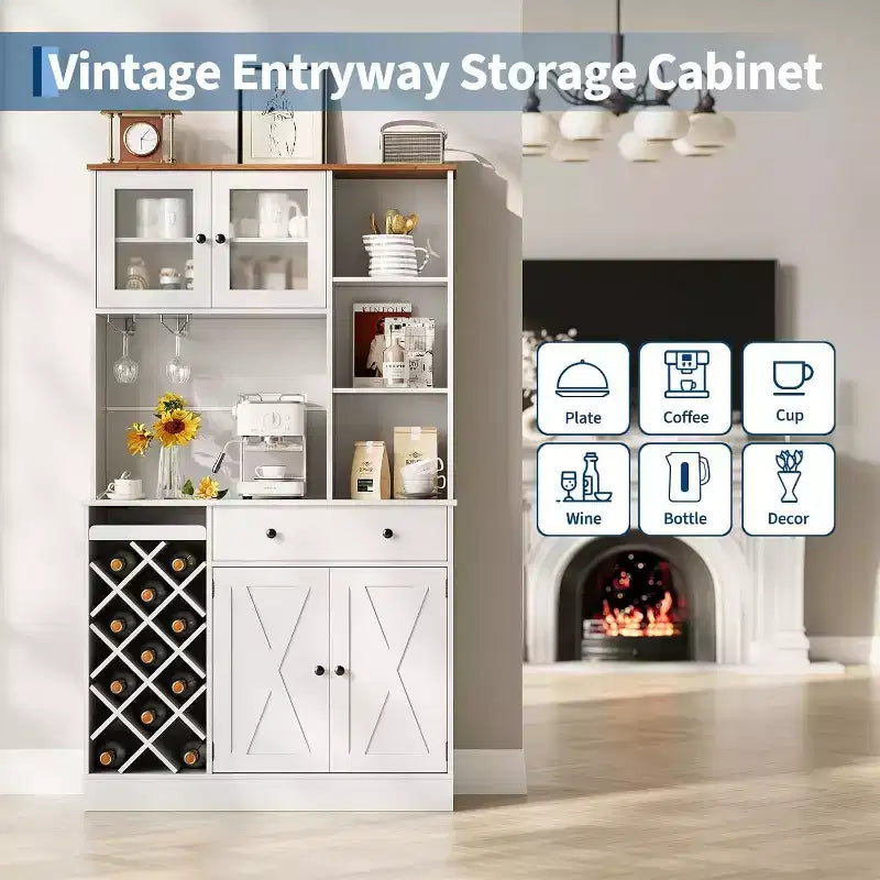 Kitchen Hutch Cabinet with Storage, White & Light Walnut Top, Acrylic Double Doors, Pantry Organizer for Dining Room & Kitchen Storage