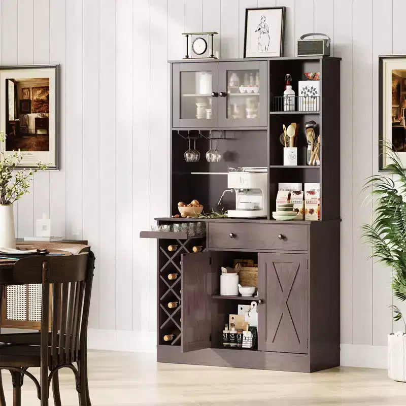 Kitchen Hutch Cabinet with Storage, White & Light Walnut Top, Acrylic Double Doors, Pantry Organizer for Dining Room & Kitchen Storage