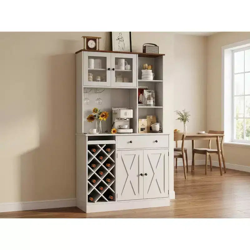 Kitchen Hutch Cabinet with Storage, White & Light Walnut Top, Acrylic Double Doors, Pantry Organizer for Dining Room & Kitchen Storage