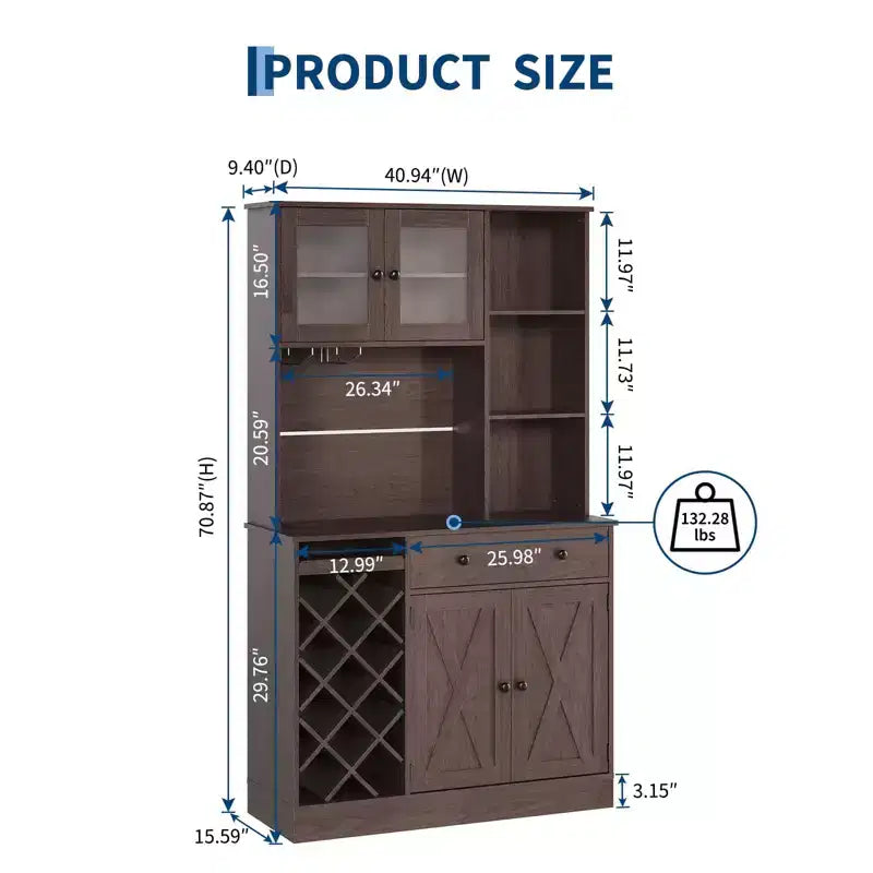 Kitchen Hutch Cabinet with Storage, White & Light Walnut Top, Acrylic Double Doors, Pantry Organizer for Dining Room & Kitchen Storage