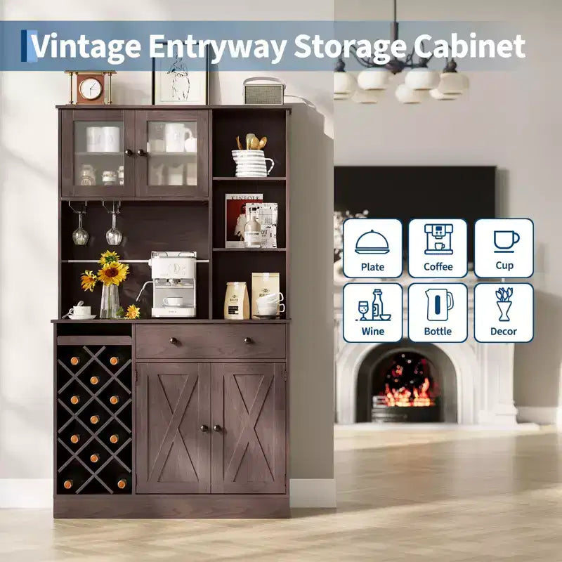 Kitchen Hutch Cabinet with Storage, White & Light Walnut Top, Acrylic Double Doors, Pantry Organizer for Dining Room & Kitchen Storage