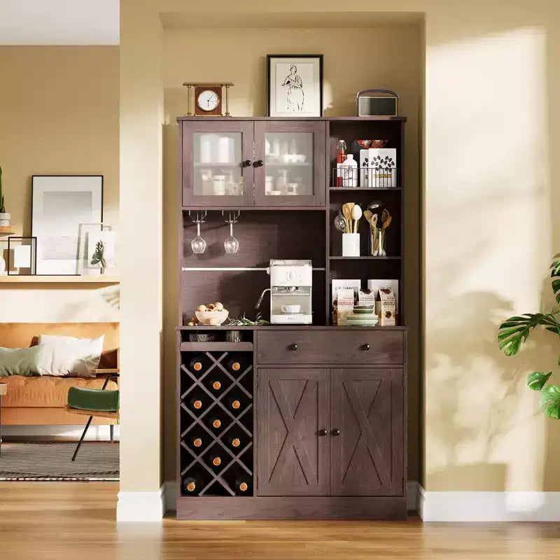 Kitchen Hutch Cabinet with Storage, White & Light Walnut Top, Acrylic Double Doors, Pantry Organizer for Dining Room & Kitchen Storage