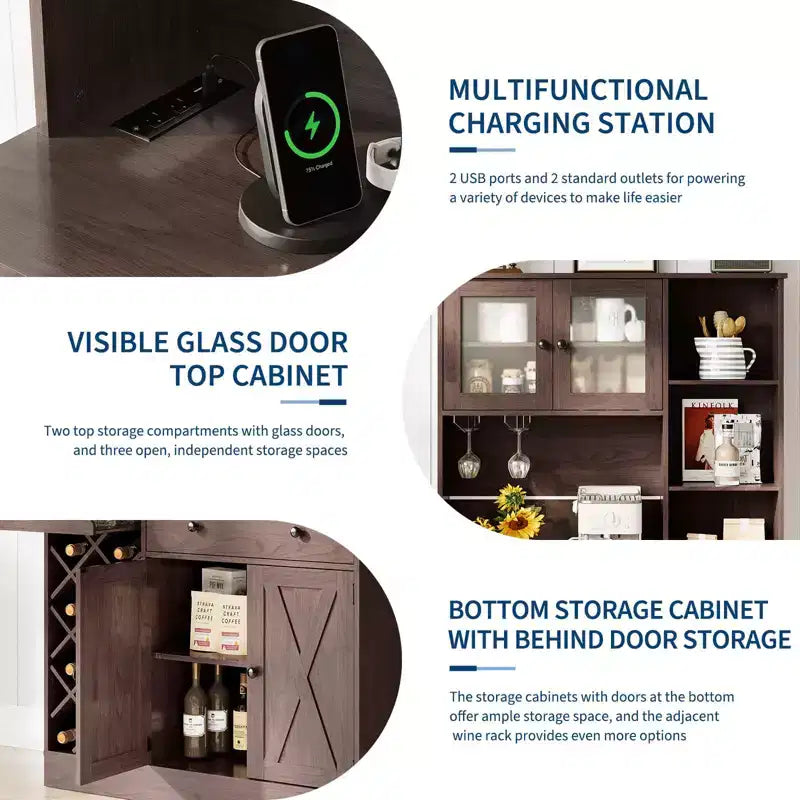Kitchen Hutch Cabinet with Storage, White & Light Walnut Top, Acrylic Double Doors, Pantry Organizer for Dining Room & Kitchen Storage