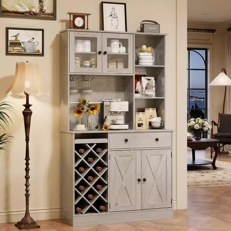 Kitchen Hutch Cabinet with Storage, White & Light Walnut Top, Acrylic Double Doors, Pantry Organizer for Dining Room & Kitchen Storage