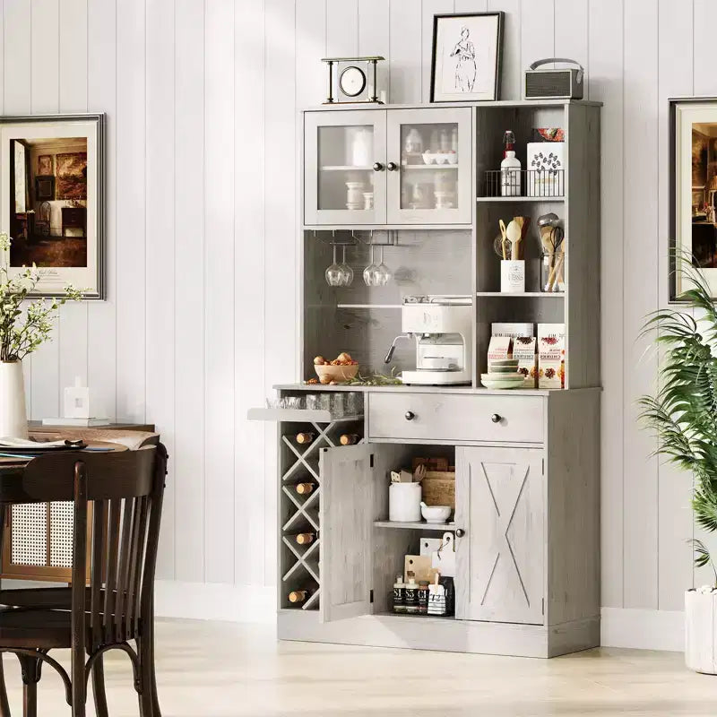 Kitchen Hutch Cabinet with Storage, White & Light Walnut Top, Acrylic Double Doors, Pantry Organizer for Dining Room & Kitchen Storage