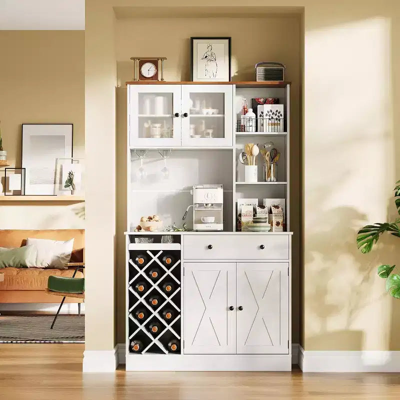 Kitchen Hutch Cabinet with Storage, White & Light Walnut Top, Acrylic Double Doors, Pantry Organizer for Dining Room & Kitchen Storage
