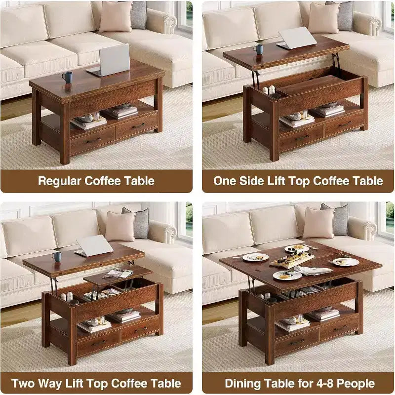 Height-adjustable coffee table - modular design with storage drawers and hidden shelves to save space, perfect for the living room, black.