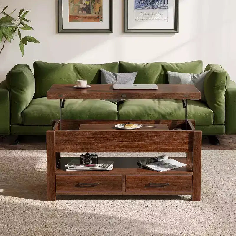 Height-adjustable coffee table - modular design with storage drawers and hidden shelves to save space, perfect for the living room, black.