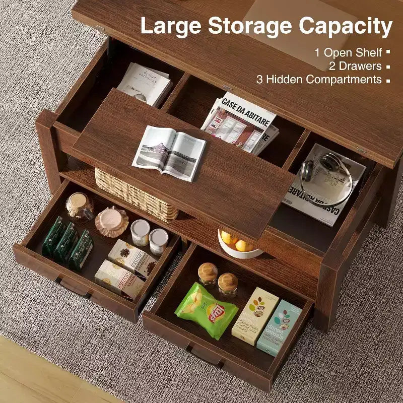Height-adjustable coffee table - modular design with storage drawers and hidden shelves to save space, perfect for the living room, black.