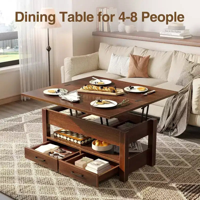 Height-adjustable coffee table - modular design with storage drawers and hidden shelves to save space, perfect for the living room, black.