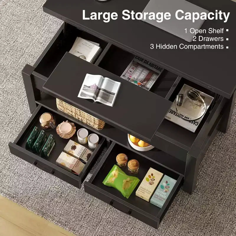 Height-adjustable coffee table - modular design with storage drawers and hidden shelves to save space, perfect for the living room, black.
