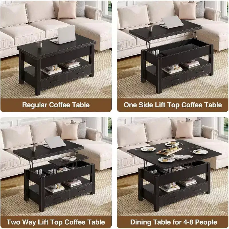 Height-adjustable coffee table - modular design with storage drawers and hidden shelves to save space, perfect for the living room, black.