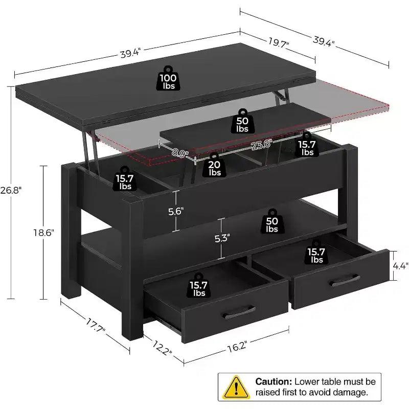 Height-adjustable coffee table - modular design with storage drawers and hidden shelves to save space, perfect for the living room, black.