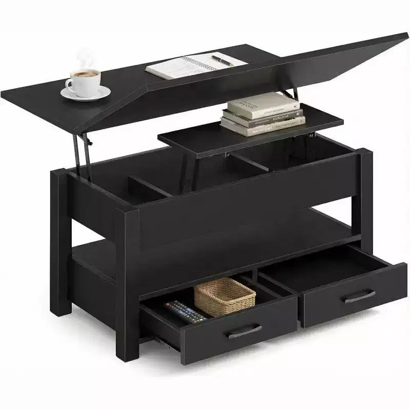 Height-adjustable coffee table - modular design with storage drawers and hidden shelves to save space, perfect for the living room, black.