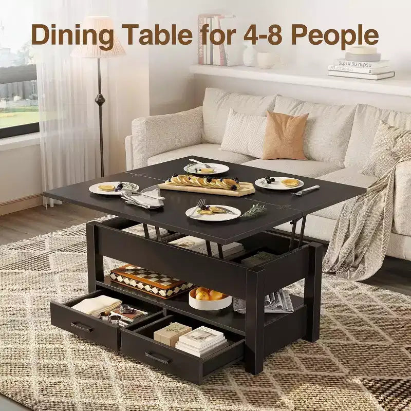 Height-adjustable coffee table - modular design with storage drawers and hidden shelves to save space, perfect for the living room, black.