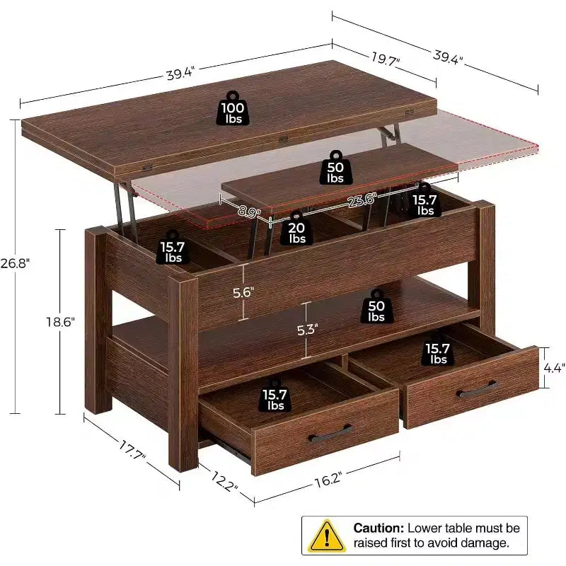 Height-adjustable coffee table - modular design with storage drawers and hidden shelves to save space, perfect for the living room, black.