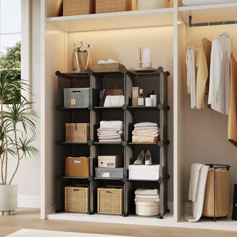 Modular 12 Cube Storage Organizer Set, 6-Cube Stackable Plastic & Steel Shelf Unit with Anti-Tip Safety Kit, for Custom Closet, Bedroom, and Office