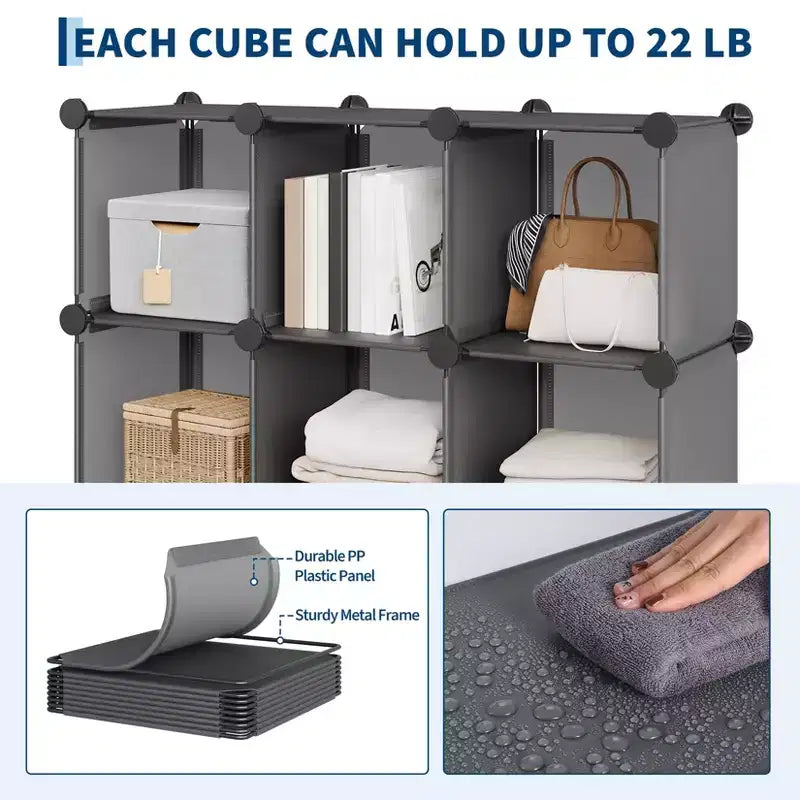 Modular 12 Cube Storage Organizer Set, 6-Cube Stackable Plastic & Steel Shelf Unit with Anti-Tip Safety Kit, for Custom Closet, Bedroom, and Office
