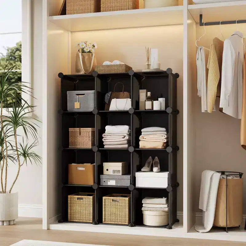 Modular 12 Cube Storage Organizer Set, 6-Cube Stackable Plastic & Steel Shelf Unit with Anti-Tip Safety Kit, for Custom Closet, Bedroom, and Office