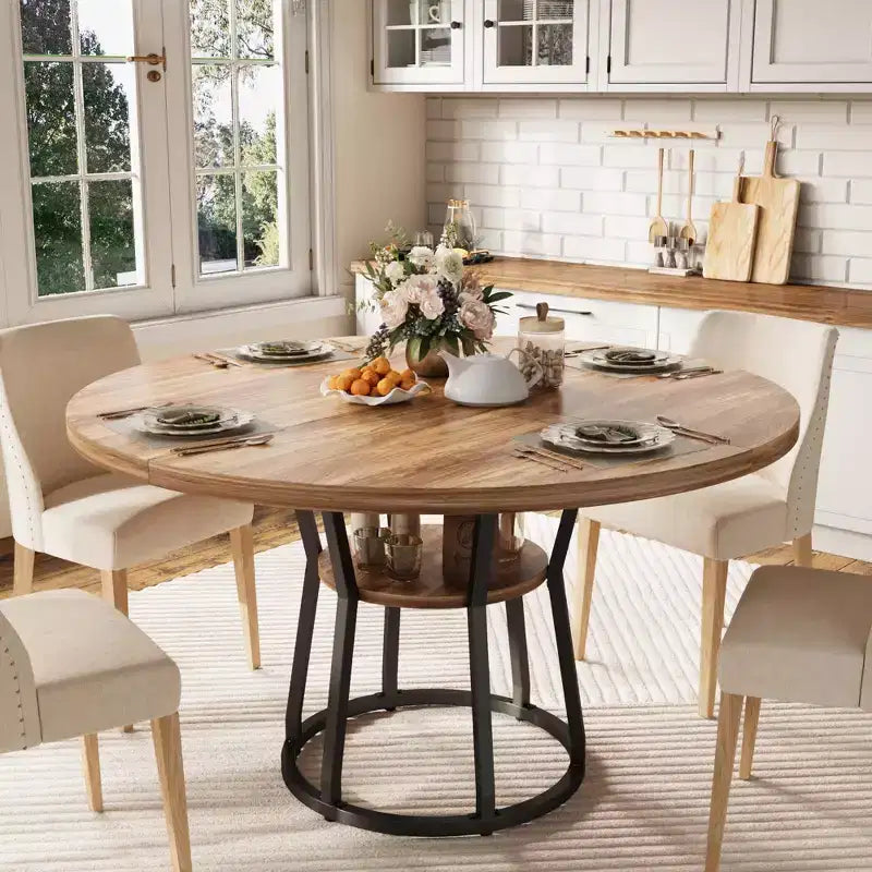47 in Inch Round Dining Table for 4, Farmhouse Dining Room Circle Dinner Table,Space Saving Wood Kitchen & Dining Room Furniture, Round Tables