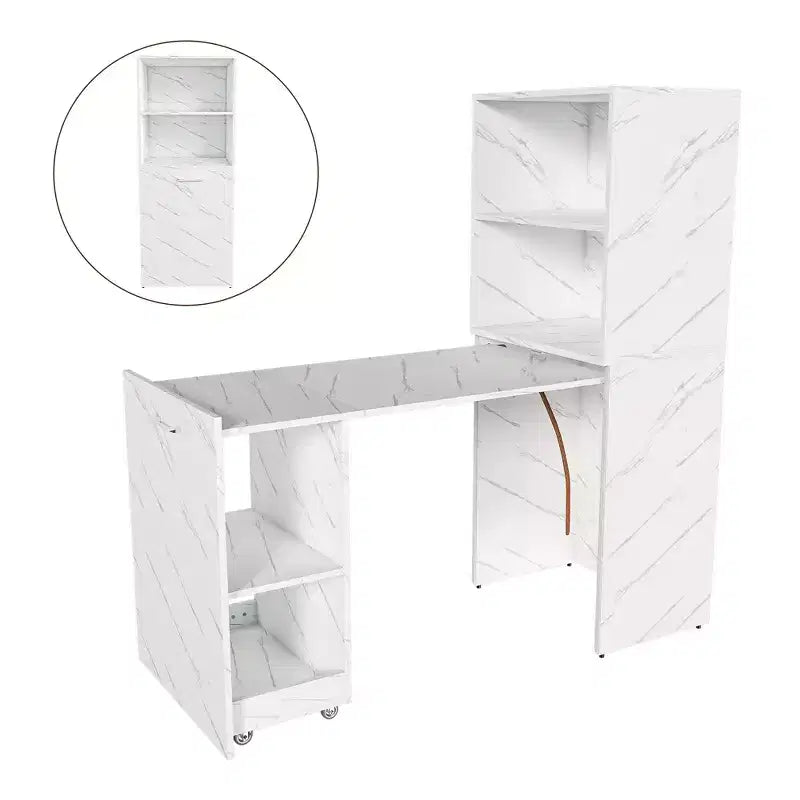 Extendable Desk with Storage & Wheels, Foldable Office Desk for Small Spaces, White Marble