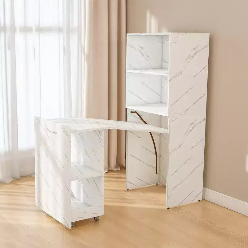 Extendable Desk with Storage & Wheels, Foldable Office Desk for Small Spaces, White Marble