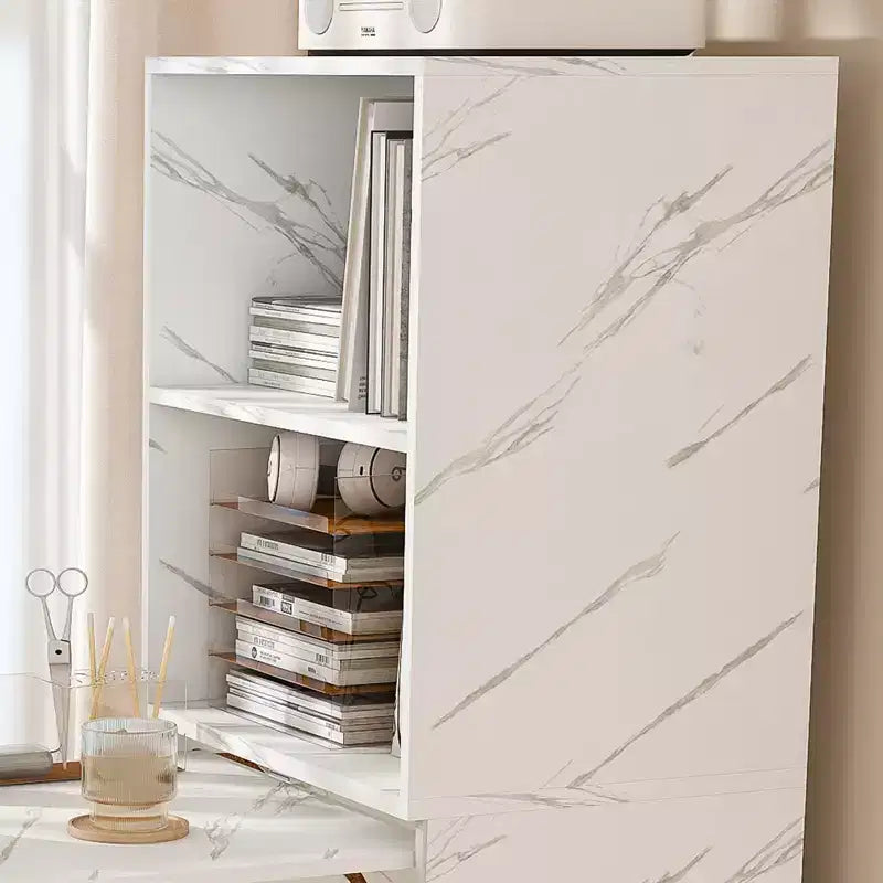 Extendable Desk with Storage & Wheels, Foldable Office Desk for Small Spaces, White Marble