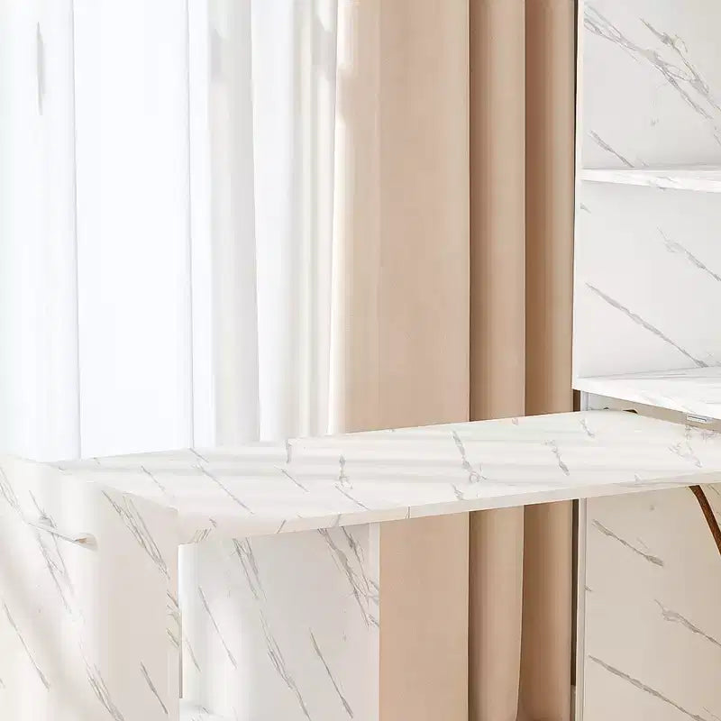 Extendable Desk with Storage & Wheels, Foldable Office Desk for Small Spaces, White Marble