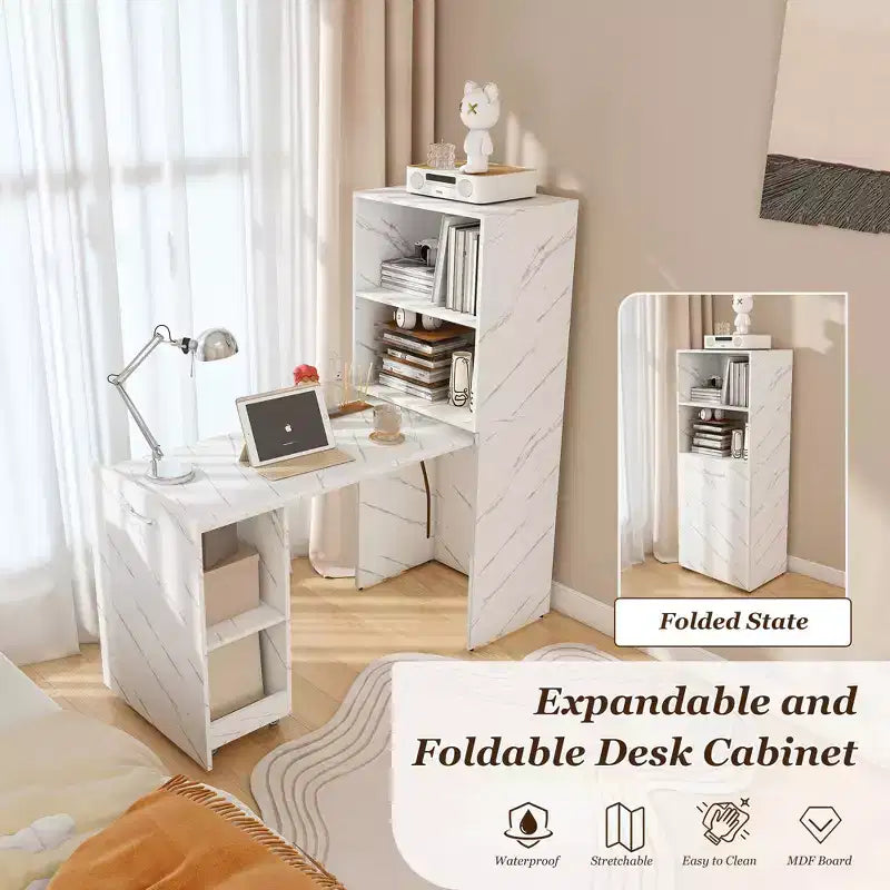Extendable Desk with Storage & Wheels, Foldable Office Desk for Small Spaces, White Marble