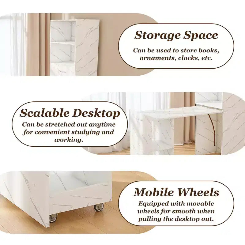 Extendable Desk with Storage & Wheels, Foldable Office Desk for Small Spaces, White Marble