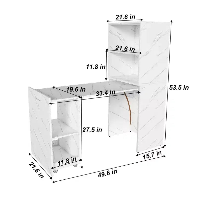 Extendable Desk with Storage & Wheels, Foldable Office Desk for Small Spaces, White Marble