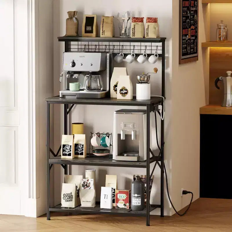Qwatto Kitchen Bakers Rack with Power Outlets 31.5 Inch Coffee Bar Station 4 Tier Microwave Stand Storage Shelf with S Hooks Black Oak Utility Table