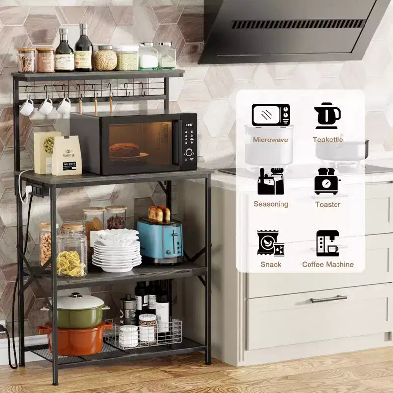 Qwatto Kitchen Bakers Rack with Power Outlets 31.5 Inch Coffee Bar Station 4 Tier Microwave Stand Storage Shelf with S Hooks Black Oak Utility Table
