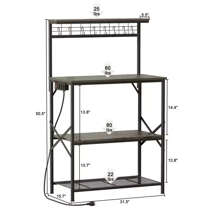 Qwatto Kitchen Bakers Rack with Power Outlets 31.5 Inch Coffee Bar Station 4 Tier Microwave Stand Storage Shelf with S Hooks Black Oak Utility Table