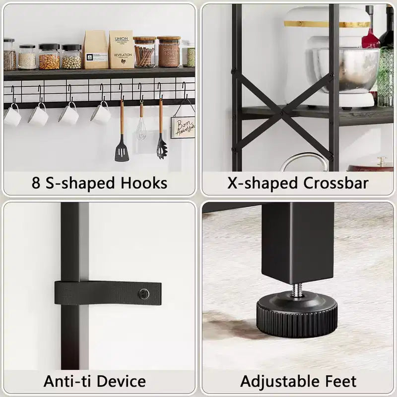 Qwatto Kitchen Bakers Rack with Power Outlets 31.5 Inch Coffee Bar Station 4 Tier Microwave Stand Storage Shelf with S Hooks Black Oak Utility Table