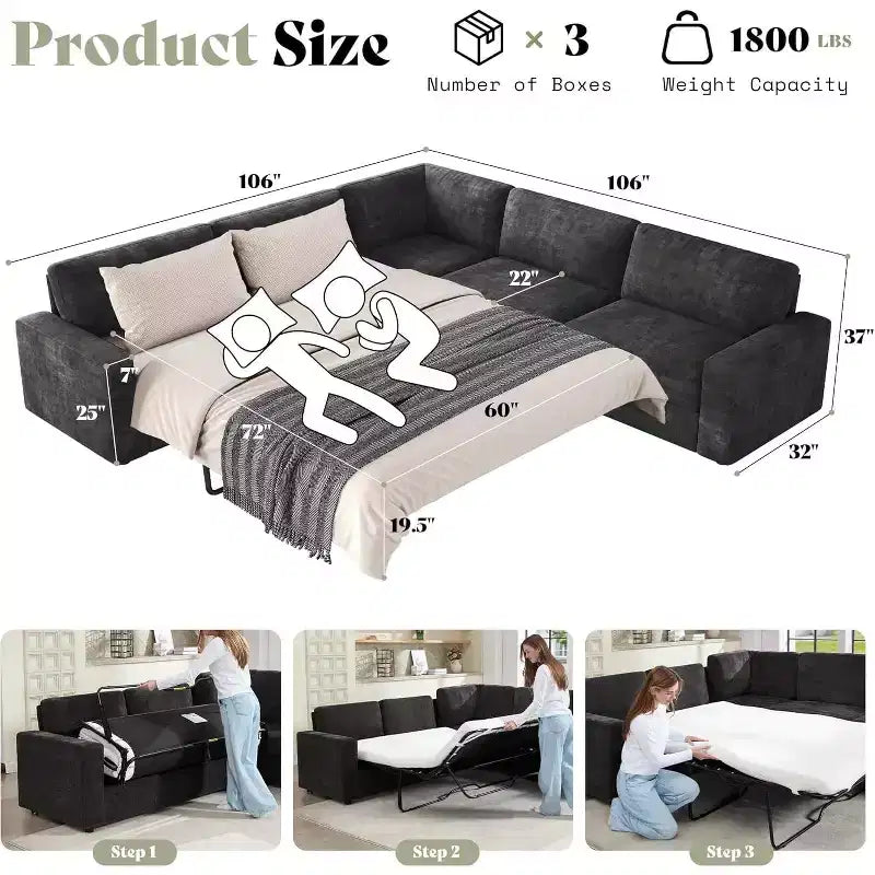 AMERLIFE 106 Oversized L-Shaped Sleeper Sofa with Pull-Out Bed, Storage Chaise