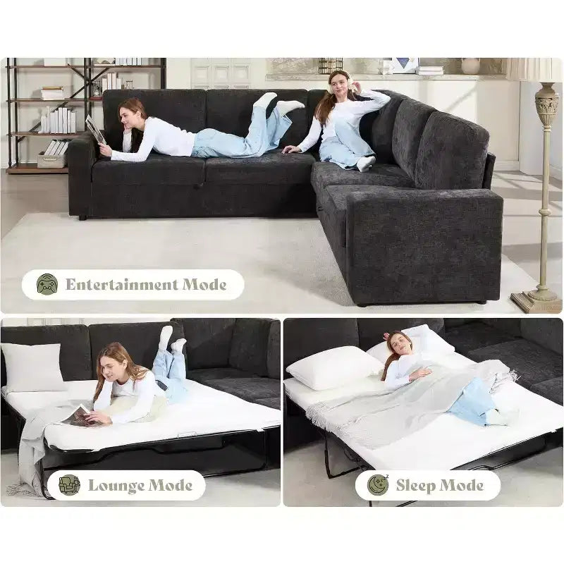 AMERLIFE 106 Oversized L-Shaped Sleeper Sofa with Pull-Out Bed, Storage Chaise