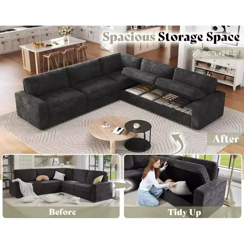 AMERLIFE 106 Oversized L-Shaped Sleeper Sofa with Pull-Out Bed, Storage Chaise
