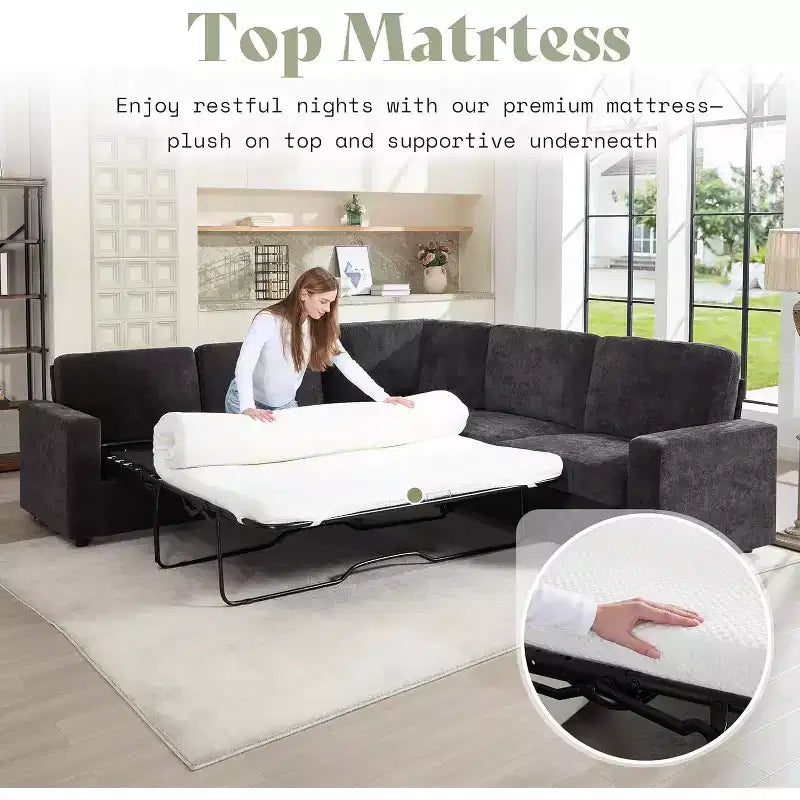 AMERLIFE 106 Oversized L-Shaped Sleeper Sofa with Pull-Out Bed, Storage Chaise