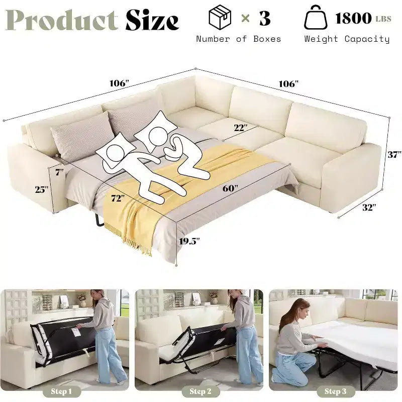 AMERLIFE 106 Oversized L-Shaped Sleeper Sofa with Pull-Out Bed, Storage Chaise