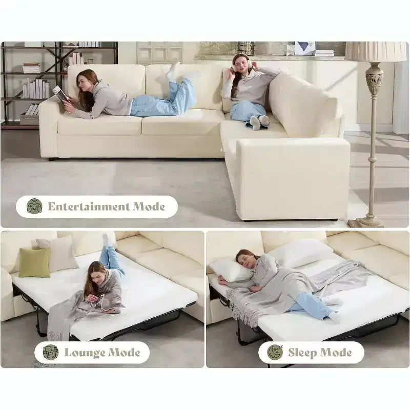 AMERLIFE 106 Oversized L-Shaped Sleeper Sofa with Pull-Out Bed, Storage Chaise