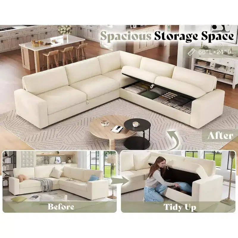 AMERLIFE 106 Oversized L-Shaped Sleeper Sofa with Pull-Out Bed, Storage Chaise