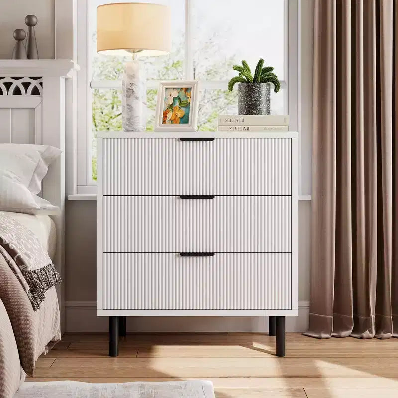 Dresser, Chest of Drawers - 29.9 Fluted 3-Drawer with Metal Legs & Anti-Tip Device, White Storage for Bedroom, Entryway