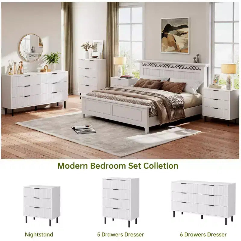 Dresser, Chest of Drawers - 29.9 Fluted 3-Drawer with Metal Legs & Anti-Tip Device, White Storage for Bedroom, Entryway