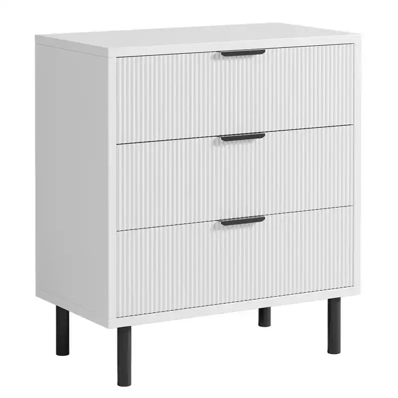 Dresser, Chest of Drawers - 29.9 Fluted 3-Drawer with Metal Legs & Anti-Tip Device, White Storage for Bedroom, Entryway