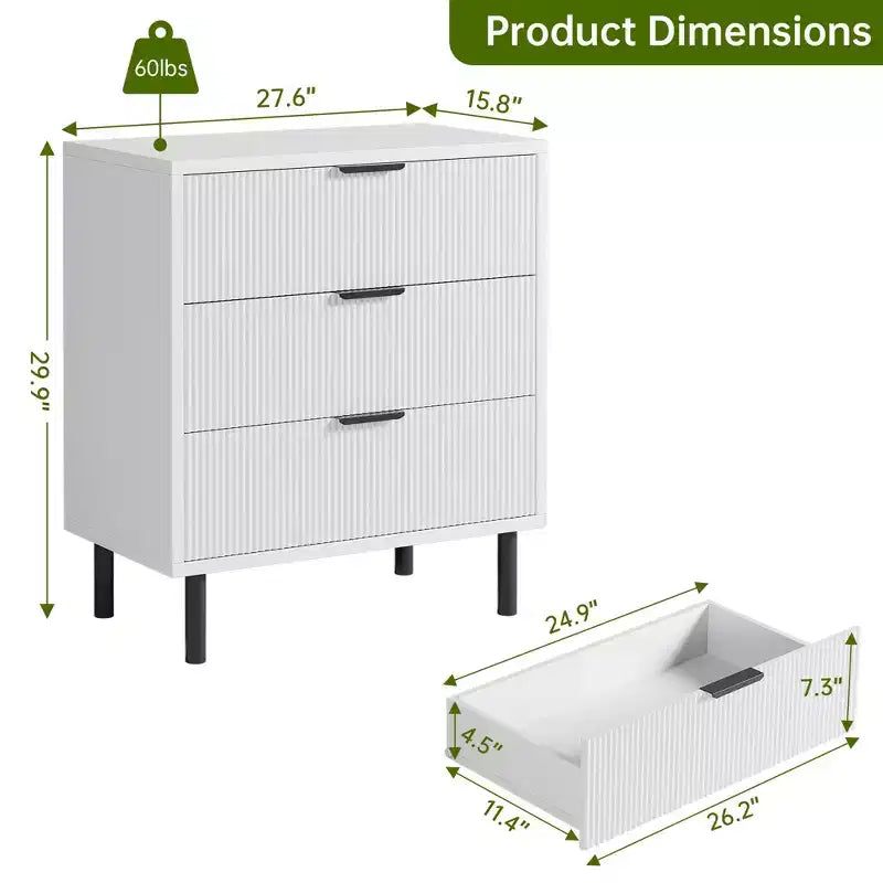 Dresser, Chest of Drawers - 29.9 Fluted 3-Drawer with Metal Legs & Anti-Tip Device, White Storage for Bedroom, Entryway