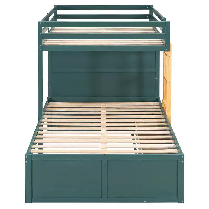 Whisen Full Bunk Bed Frame with 2 Large Drawers & 5 Small Drawers & Small Wardrobe