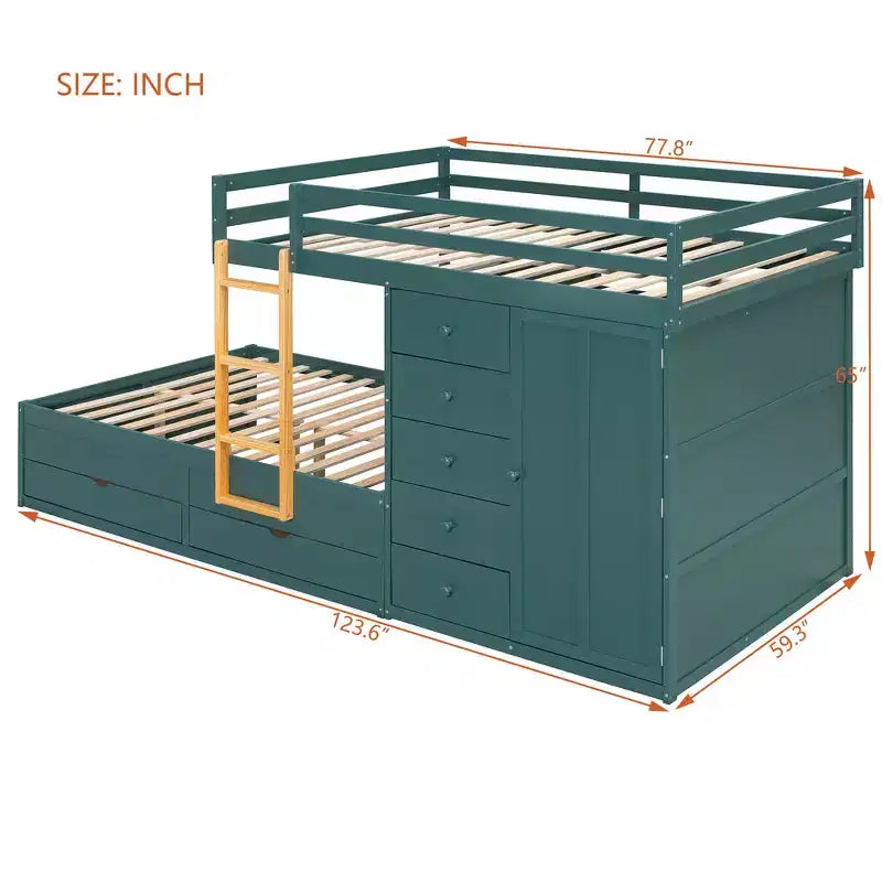 Whisen Full Bunk Bed Frame with 2 Large Drawers & 5 Small Drawers & Small Wardrobe