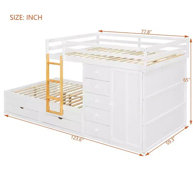 Whisen Full Bunk Bed Frame with 2 Large Drawers & 5 Small Drawers & Small Wardrobe